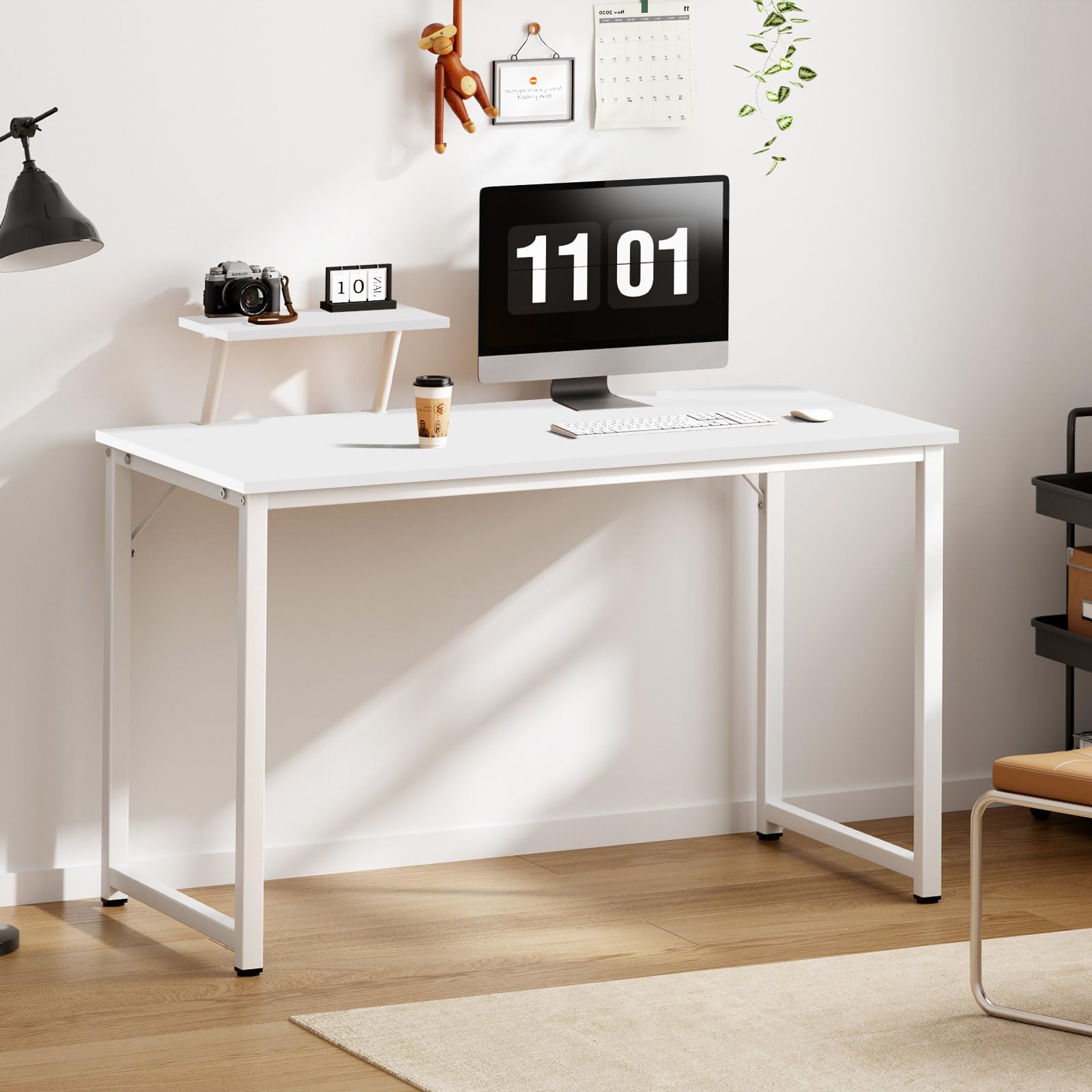 SogesHome Mesa de ordenador de 100 cm, mesa de trabajo con placa de almacenamiento, mesa de oficina para PC y portátil, de madera y metal