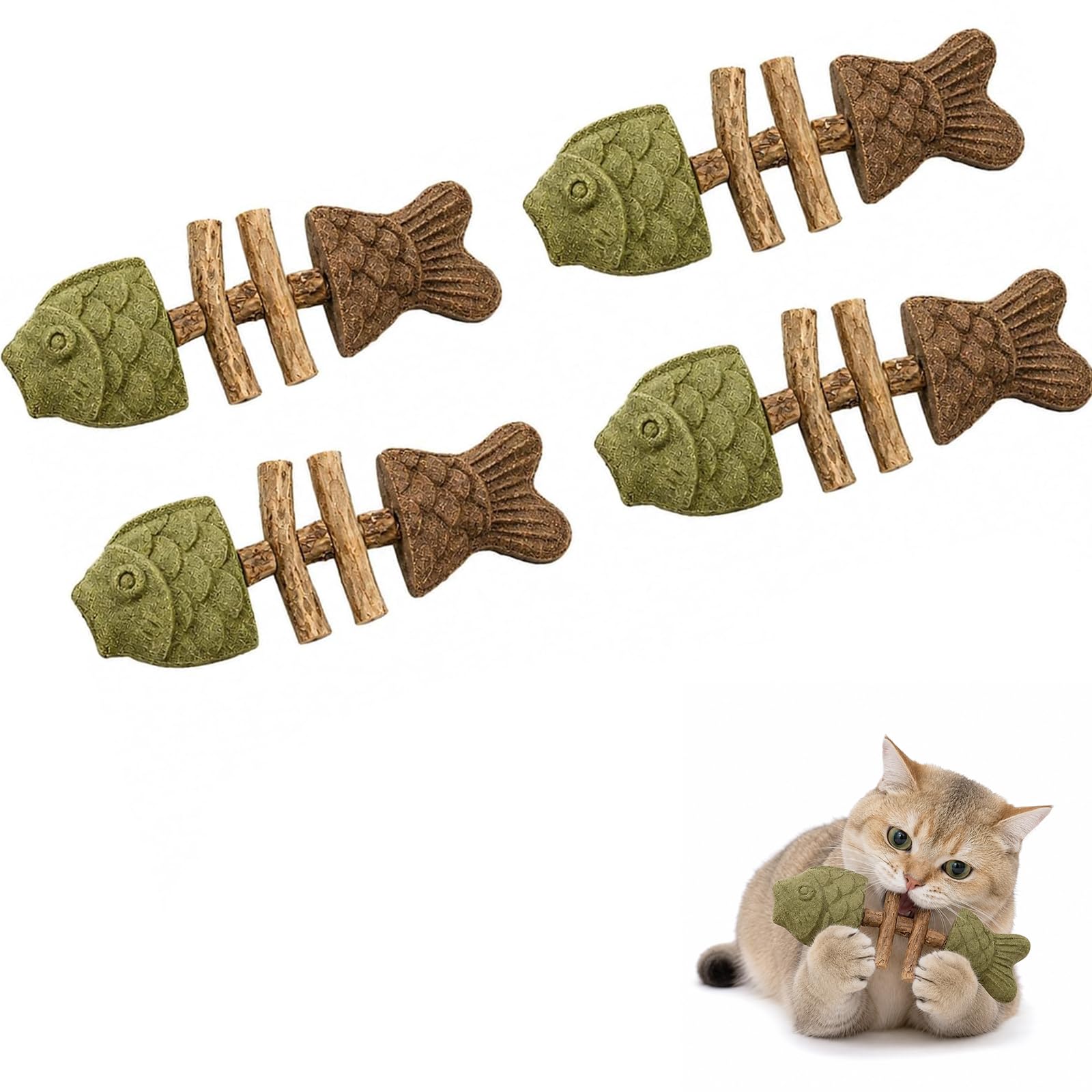 Catnip & Silvervine Chew,Silvervine Cat Toy,Natural Catnips & Silvervines Teeth Cleaning Stick,Fish Bone Shaped Chewing,Fix Cat Dental Health (Mix Flavor,4 pc)