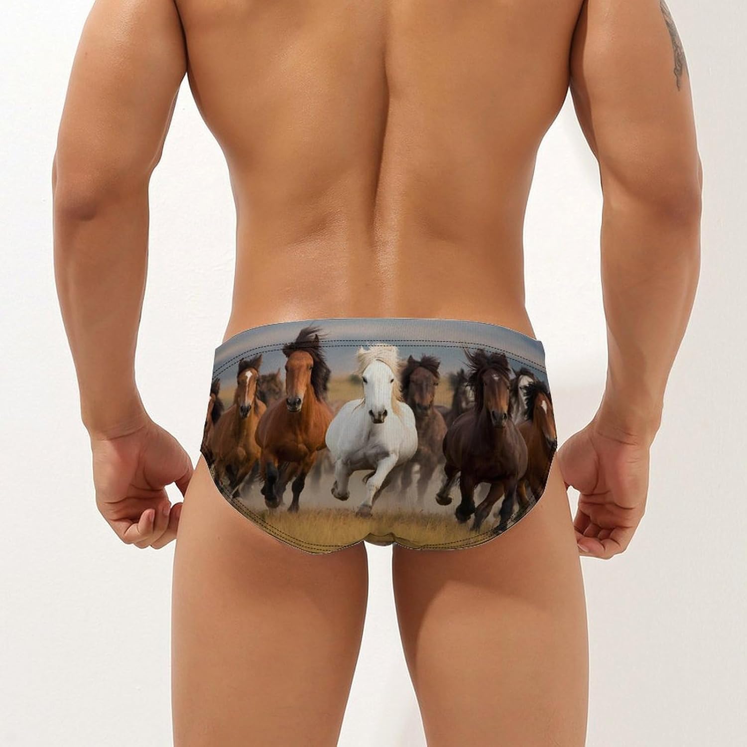 Running Horse Animal Men's Swimsuit Brief Sexy Bikini Briefs Retro Printed Swimwear Quick Dry Swimming Trunks 3X-Large