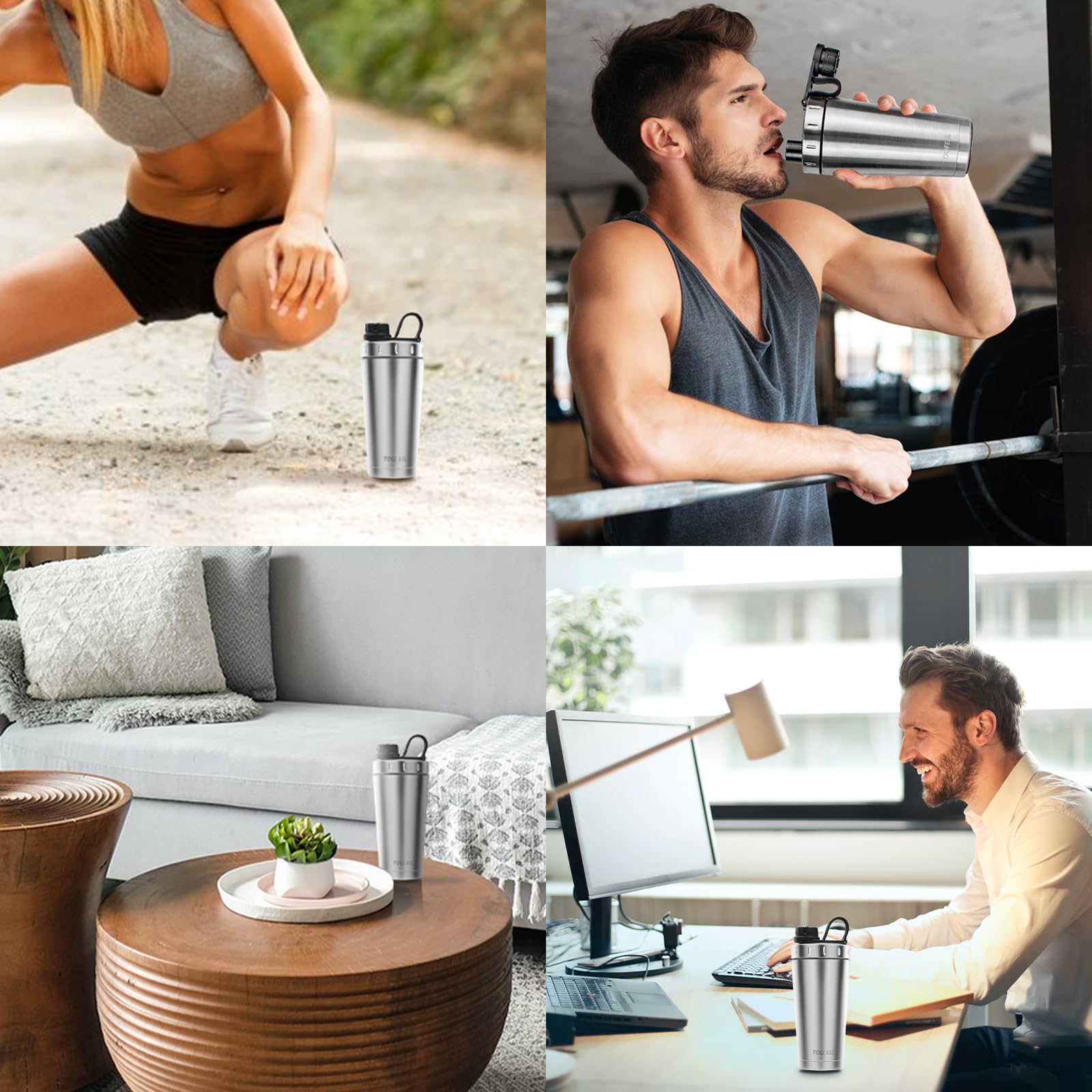 TOOFEEL Bottiglia shaker per proteine, 590 ml, tazza sottovuoto a doppia parete isolata per frullati proteici, mantiene freddo/caldo, in acciaio inox metallico, pre-allenamento palestra