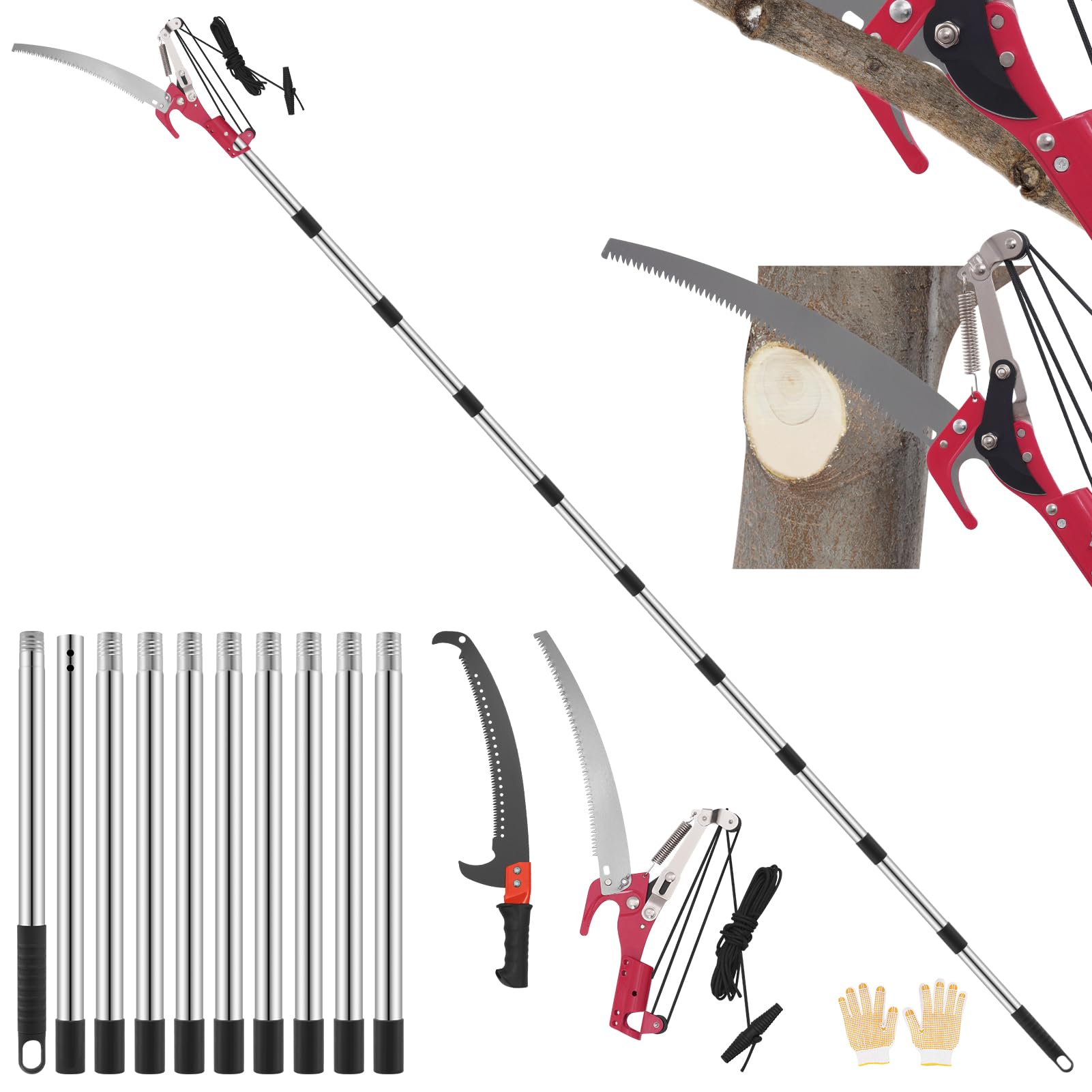 Astschere Teleskop, 82-410cm Teleskop Astschere, mit Teleskopstiel, Einstellbare Länge Seilzug Gartensäge Baumsäge, Leichter Edelstahl Teleskopsäge Hochentaster, Manuell Baumschere für hohe Äst