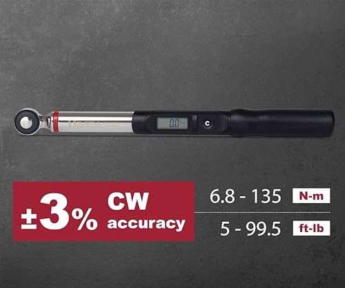 Miniatura 4 de llave dinamométrica-ES3-135CN, llave dinamométrica digital de 3/8 pulgadas, 5-99.5 ft-lbs (6.8-135 N-m) Rango de torsión, pantalla LCD, calibrado