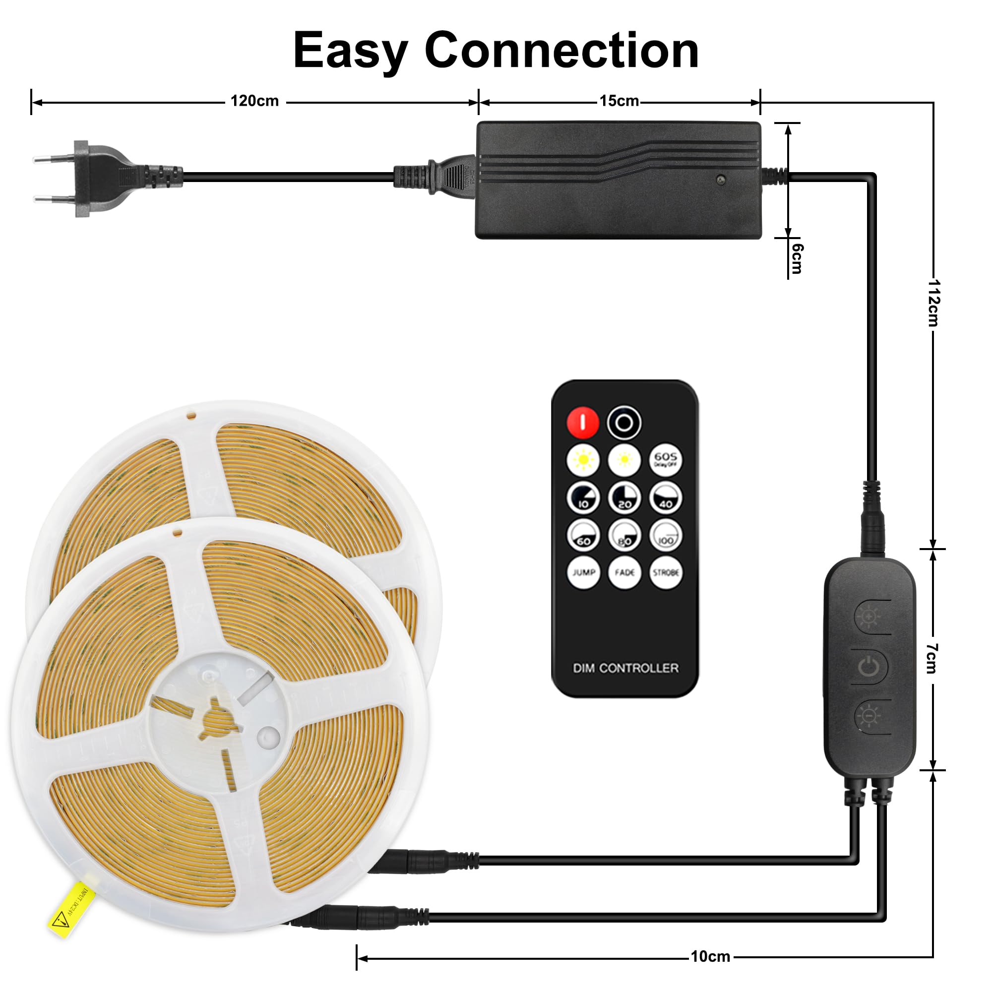 TTWAY Tira LED COB 20m 4000K Con Fuente de Alimentación y Control Remoto, 384LEDs/M, DC24V, CRI 90+, 8mm Ancho, Blanco Natural Regulable Para Decoración del Hogar (2x10m)