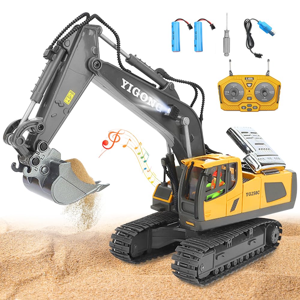 Excavadora de Control Remoto, 2,4 GHz Juguete Excavadora Teledirigido, Excavadoras Teledirigida para Niños, Rotación de 680°, 11 Canales, Sonido y Luz, para Niños y Niñas Mayores de 3 Años