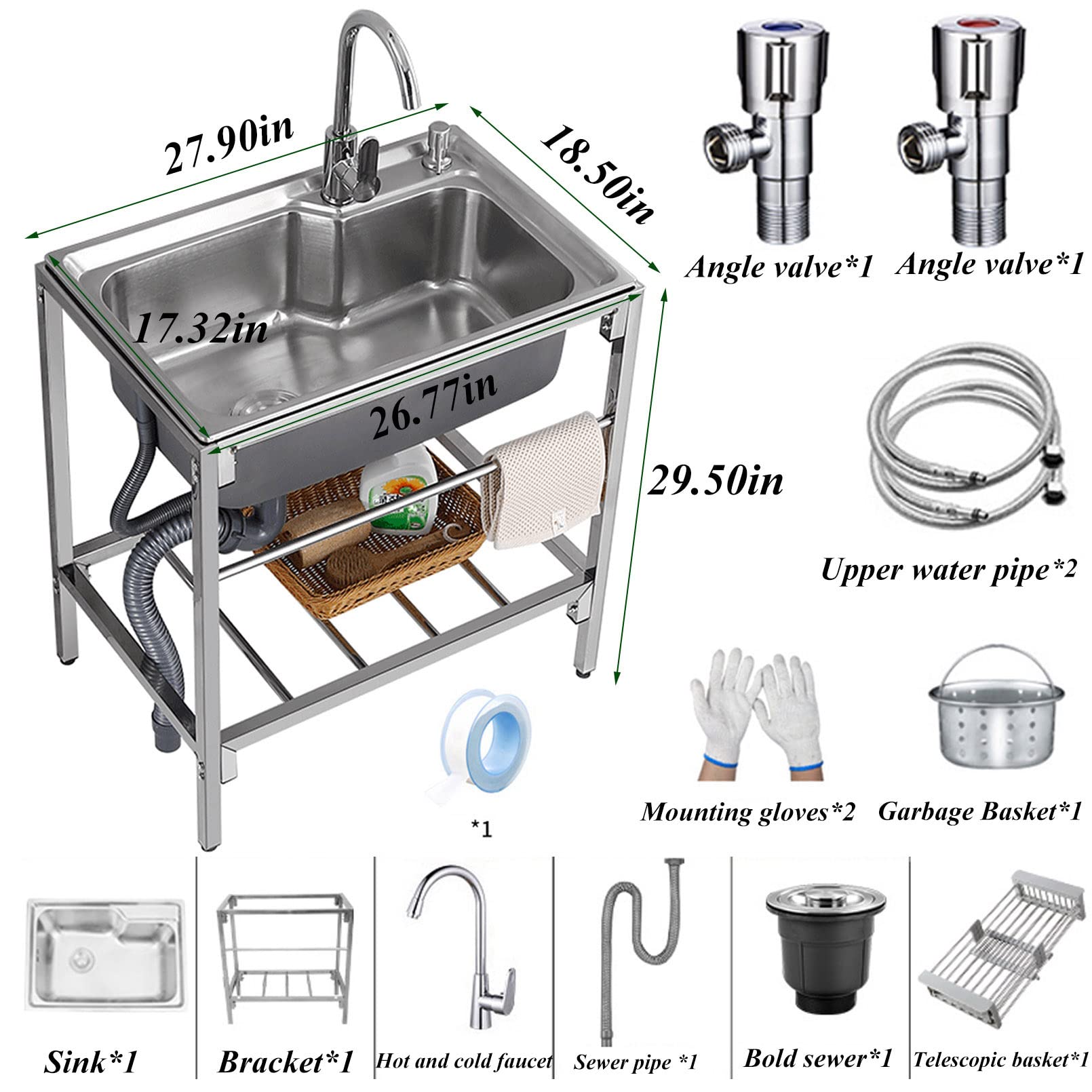 Fregadero Exterior Jardin Comercial Fregadero Cocina Industrial Pila De Lavar Portatil Camping 1 Seno Acero Inoxidable Con Agua Fria Y Caliente Grifo Y DesagüE Cuarto De Lavado 71x47x75cm