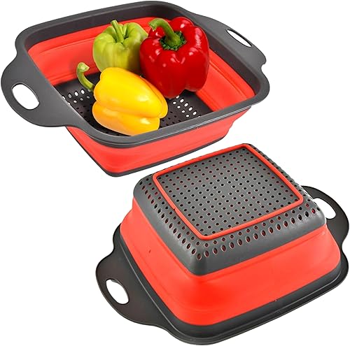 Miniatura 1 de Colador cuadrado plegable con asas, coladores de cocina de silicona cuadrados rojos con asas de plástico, colador de cocina plegable perfecto para