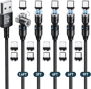 KAIDEE Magnetic Charging Cable [5 Pack, 1.6FT/3FT/6FT/6FT/9FT] 540° Rotating Magnetic Phone Charger Cord 3 in 1 Nylon Braided Charging Cable Compatible with Micro USB, Type C - Black