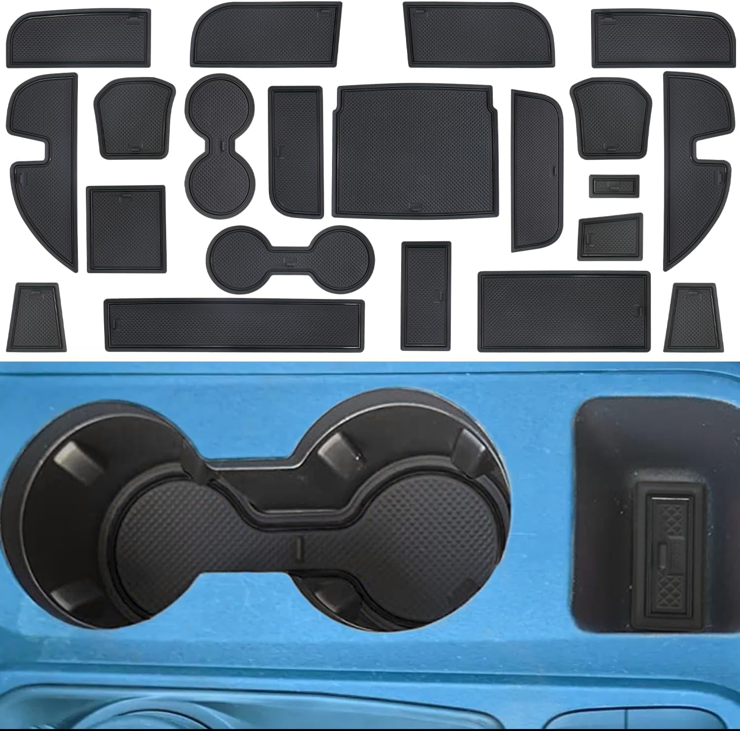 Center Console Liner Fit for Ford Maverick Accessories 2022-2024 2025 Cup Holder Insert Door Slot Coaster Interior Pocket Anti Dust Mat, Not for 2025 Model with Wireless Charger, 21pcs (Blue)