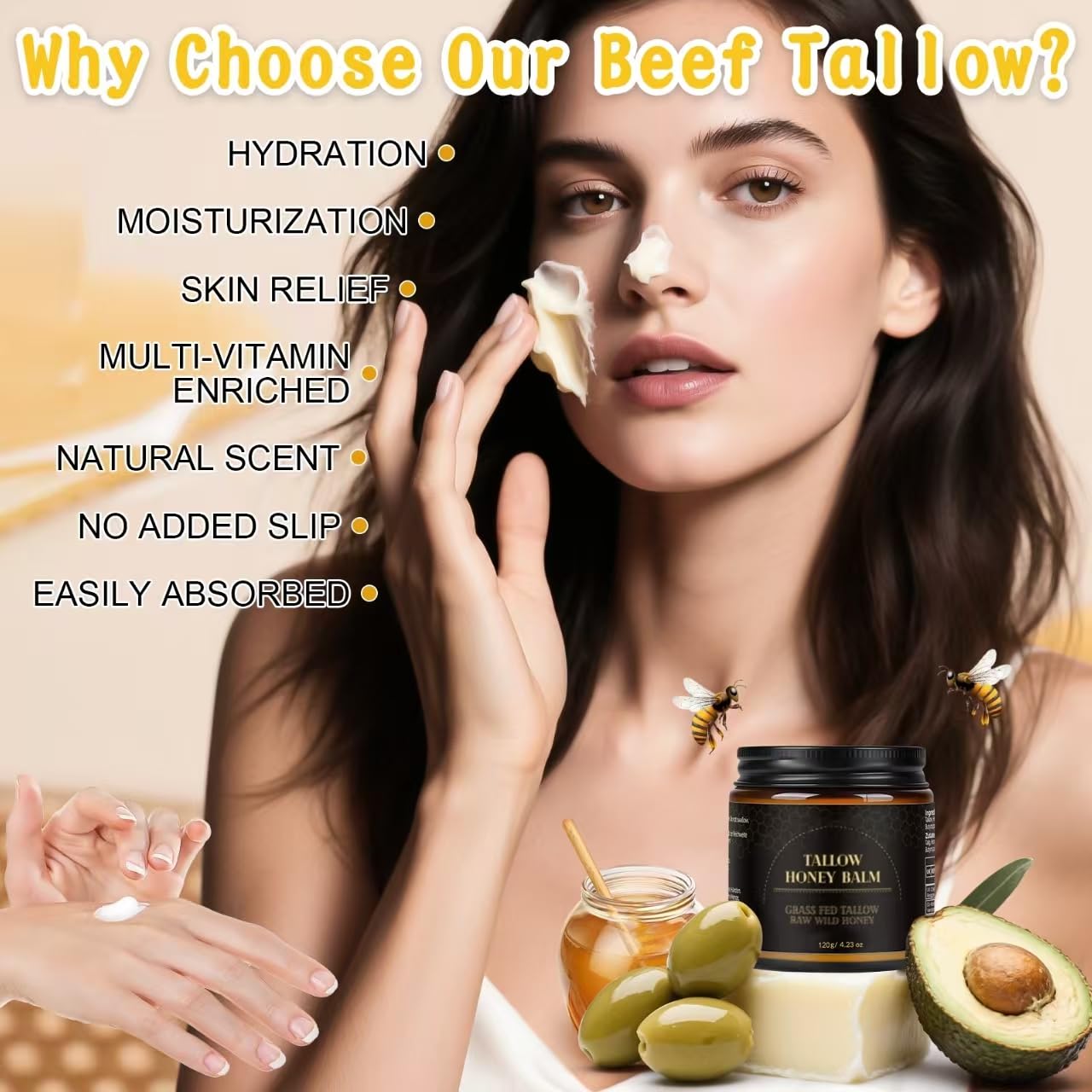 IIIMEIDU Beef Tallow for Skin, Tallow and Honey Balm for Face Moisturizer Balm, 100% Natural Organic Grass-Fed Beef, Honey, Vitamin E Oil for Body & Face (4.2 Oz, honey/balm) - Image 3