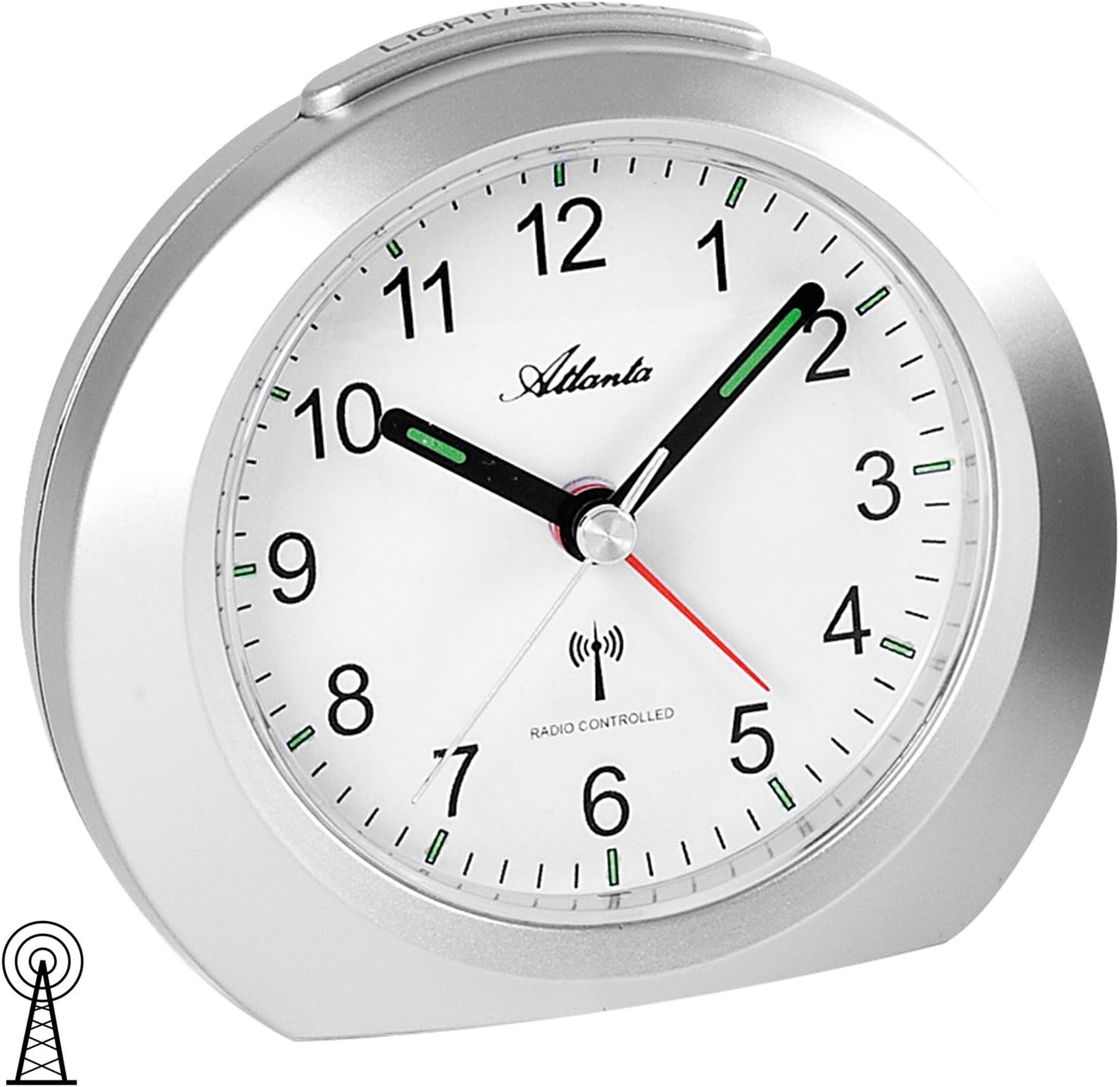 Atlanta Radio-Controlled Alarm Clock, Silver, Front View