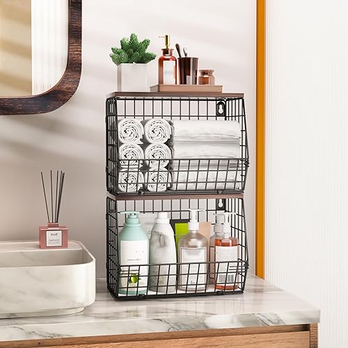 Miniatura 5 de 2 Tier Fruit Bowl Fruit Basket for Kitchen Counter Stackable Wall Mounted Hanging Basket Wire Baskets with Wood Lid with 4 Banana Hanger Hooks,