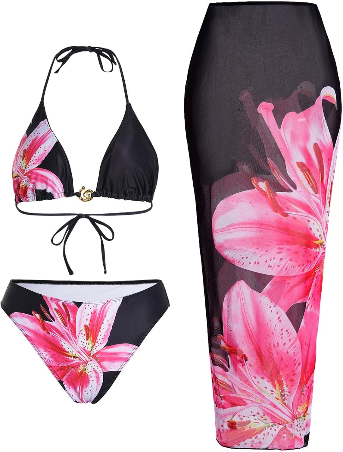 Verdusa 3 Piece Swimsuits for Women Floral Halter String Bikini Top Panty with Sheer Cover Up Skirt
