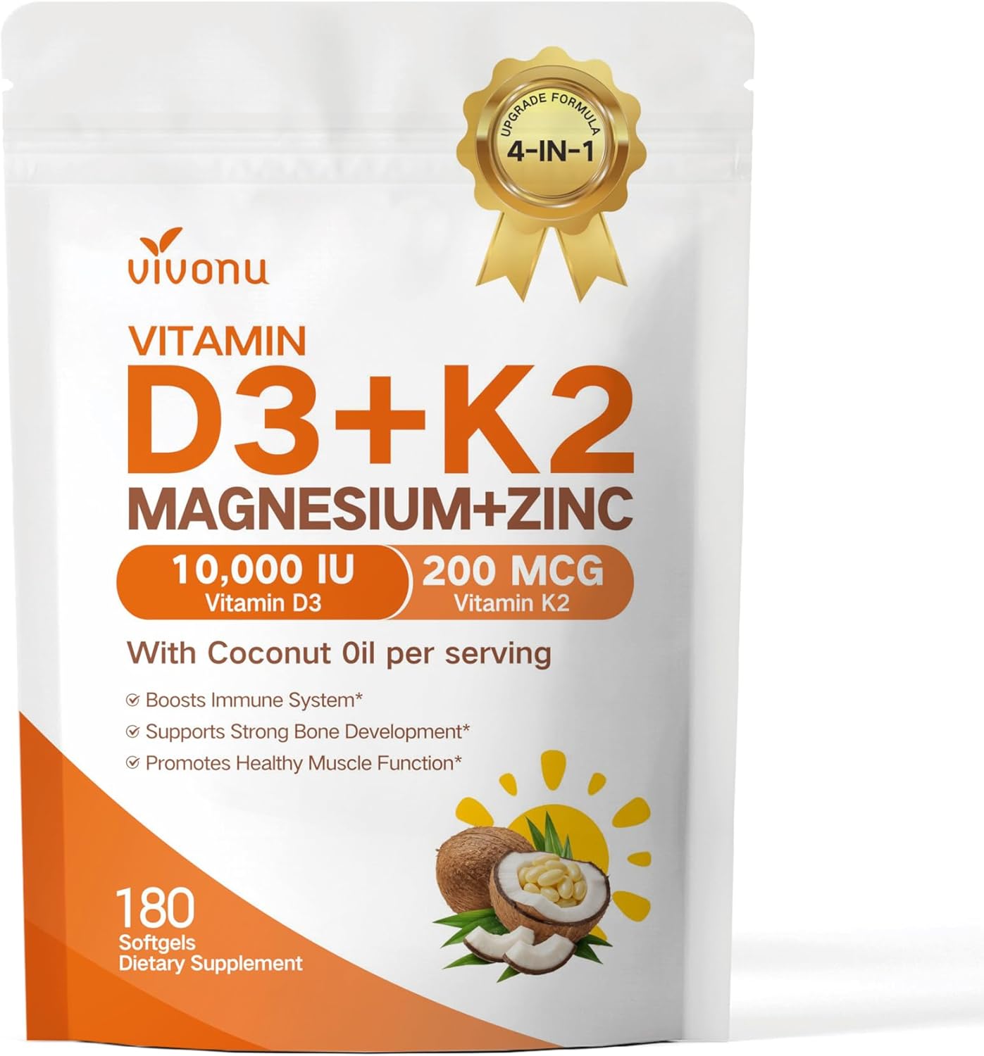 VivoNu Vitamin D3 K2 10,000 IU Magnesium Supplement – 4-in-1 with Vitamin D and K (MK-7), Magnesium Glycinate & Zinc Citrate – 180 Softgels for Energy, Bone* & Muscle* Support*