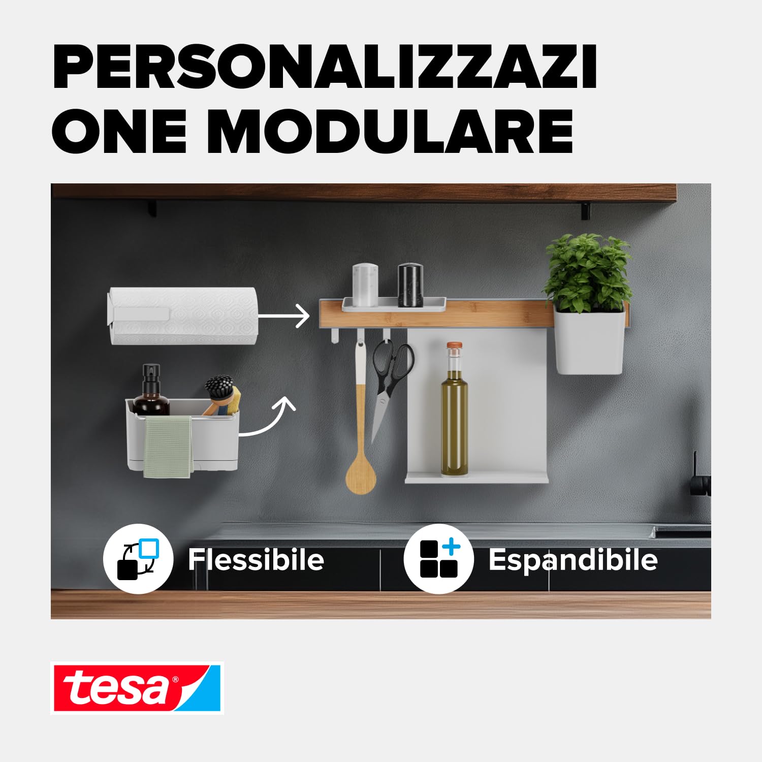 Tesa Kitchen Organizer da Cucina Combi Set S - Barra Autoadesiva con Vaso per Erbe Aromatiche, 2 Ripiani, Binario con 3 Ganci - Montaggio senza Foratura - Bambù/Bianco