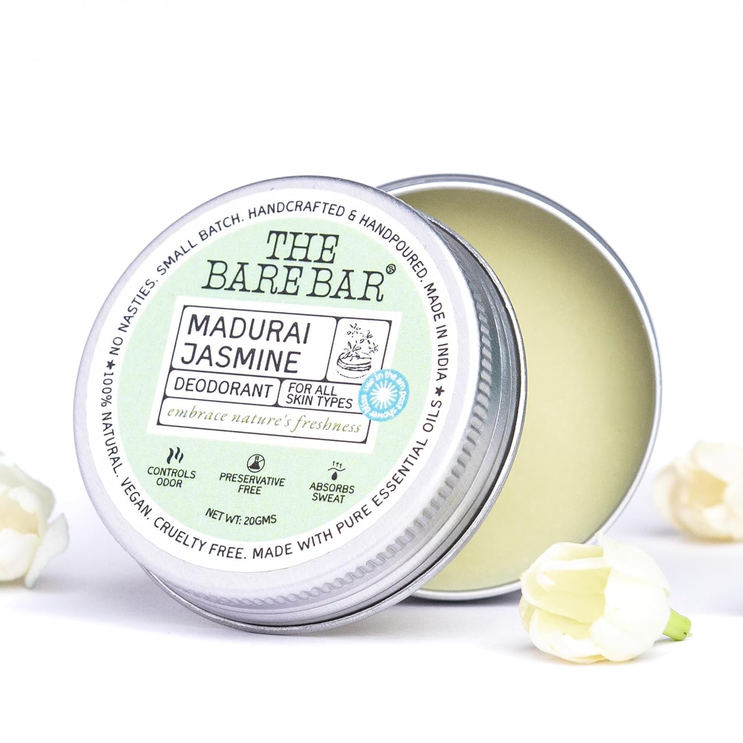 The Bare Bar Madurai Jasmine Deodorant - 20 gm | Floral Fragrance| Odor & Sweat Control | Natural formula and Chemical free|Good for all skin types| Travel Mini Size Solid Deodorant for Men & Women
