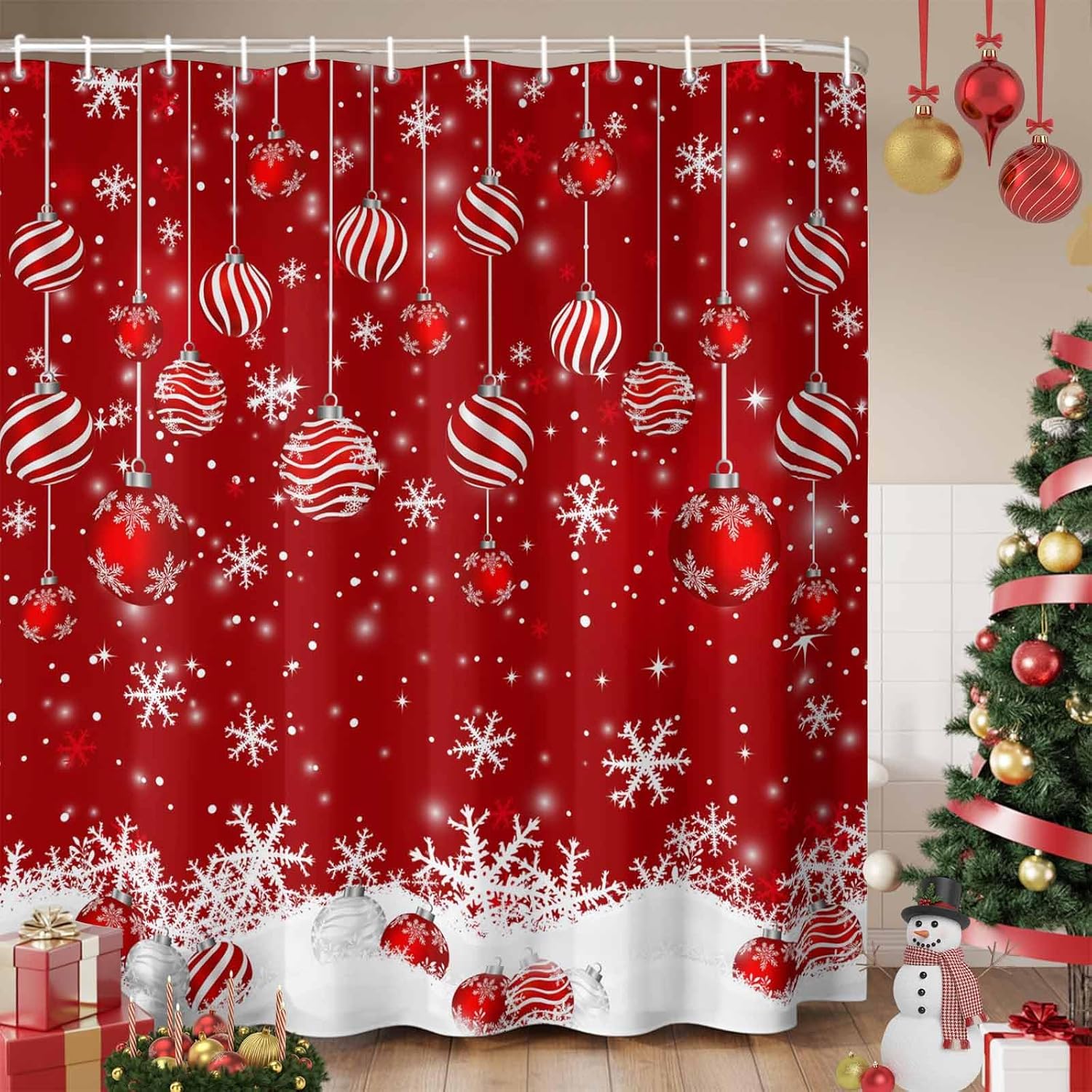 Christmas Shower Curtain Winter Snowflake Xmas Shower Curtains with 12 Hooks Waterproof Red Xmas Balls Bath Curtain for Bathtub, Bathroom Decor Lightweight Red Fabric Shower Curtain Set 72x84 Inch