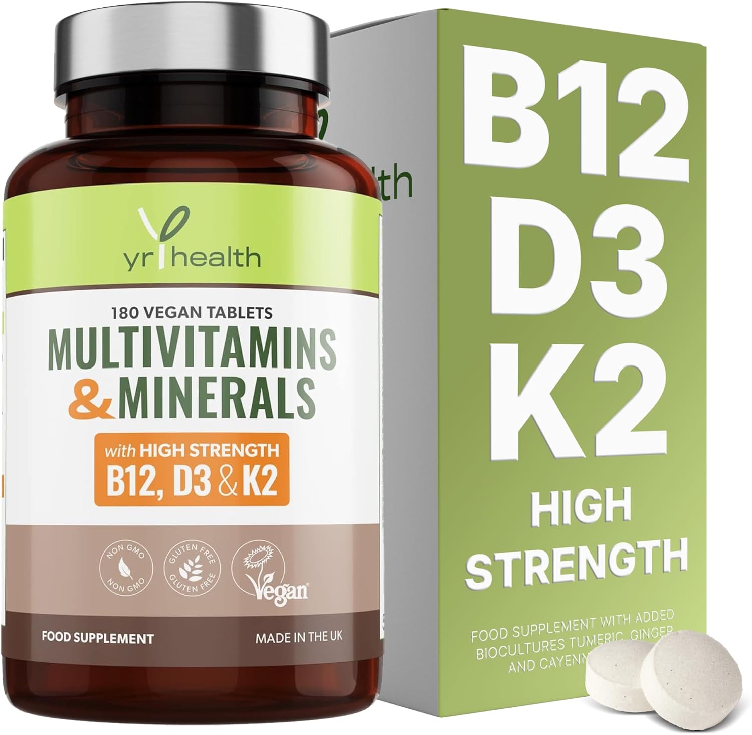 Vegan Multivitamins & Minerals with Vitamin B12, D3 & K2, Zinc and Iron, 180 Vegan Society Registered Tablets for Men and Woman, 6 Month Supply – Made in The UK by YrHealth