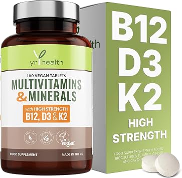Vegan Multivitamin for Men and Women with B12, D3, K2 & Iron, 180 Tablets
