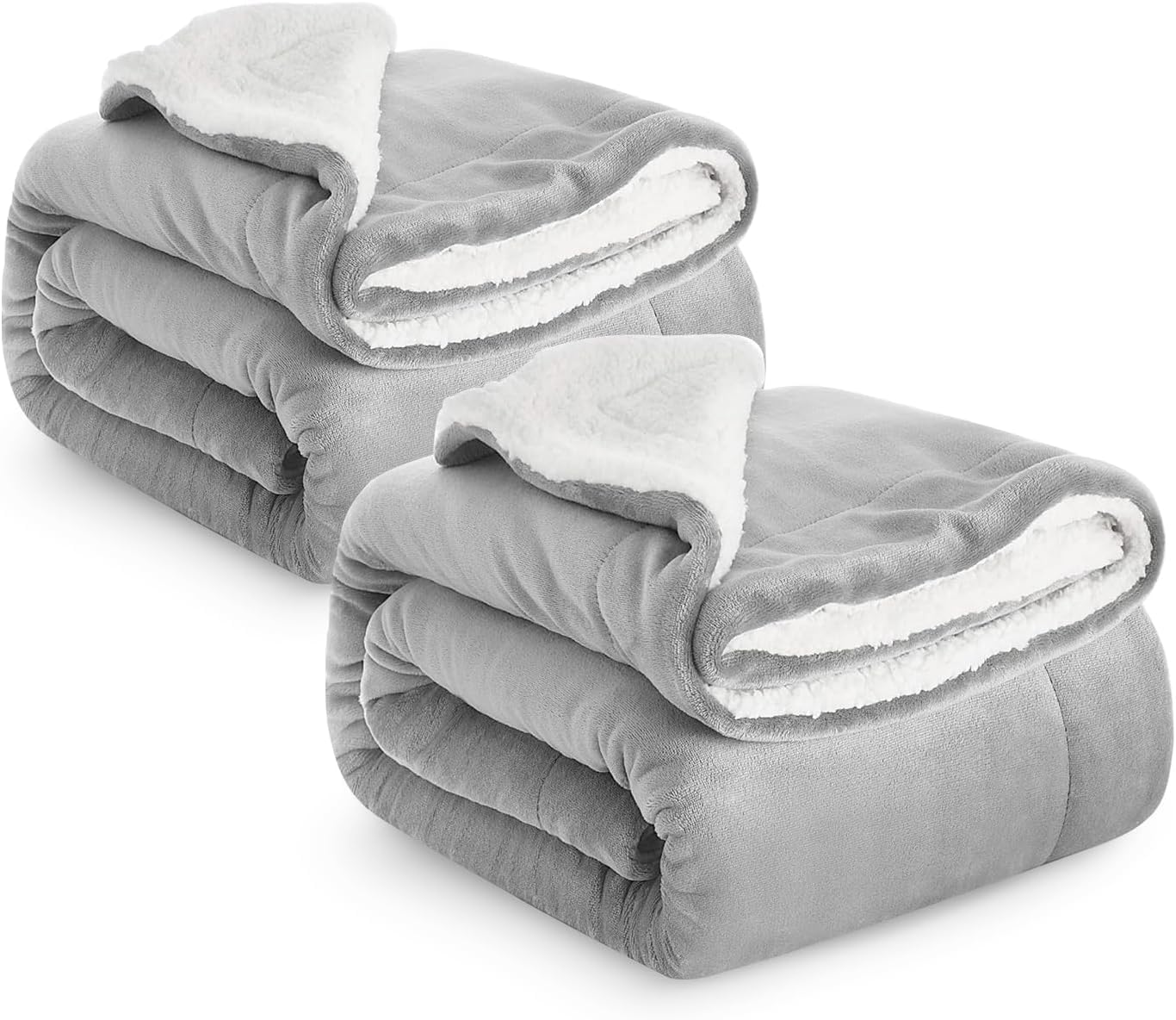 Ir Imperial Rooms Silver Sherpa Fleece Blanket Pack Of 2 Bed Throws Blankets For Sofas Soft Fluffy Thick Blanket Reversible Microfiber Throw (, Queen (200 X 240 Cm))