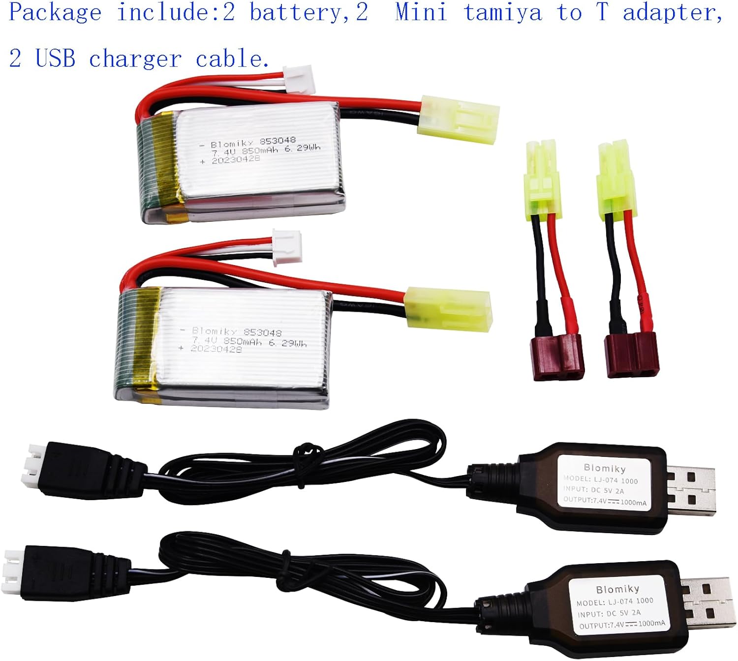 Blomiky 2 Pack 7.4V 850mAh 6.29Wh Li-PO Rechargeable Battery with Mini Tamiya Plug Suitable for 1/18 Scale 9310YL 9310 9301E 9302E 9303E 9034E 9305E RC Car Truck / 9300 850 2
