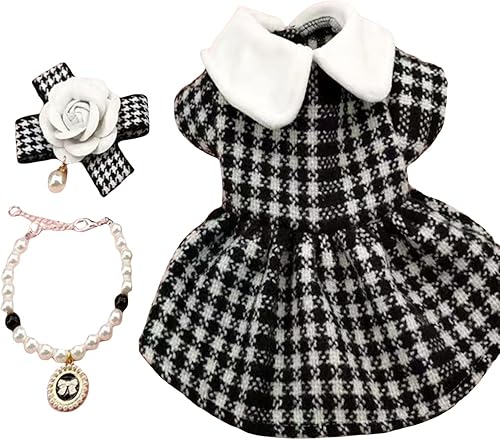 QWINEE Juego de 3 piezas de vestido para perro, lazo y collar de flores, vestido de princesa geométrico con lazo de flores, falda de cachorro