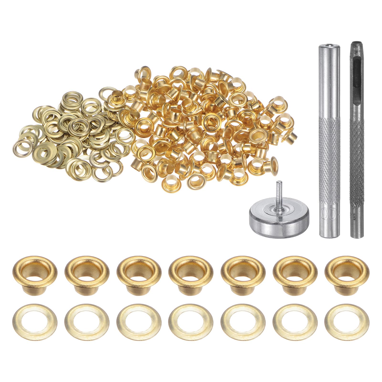 100pcs Grommet Tool Kit 3.5mm Copper Grommet Eyelet Set with Hole Hollow Punch, Grommet Setter Tools for Clothing Leather Fabric Belt, Gold Tone