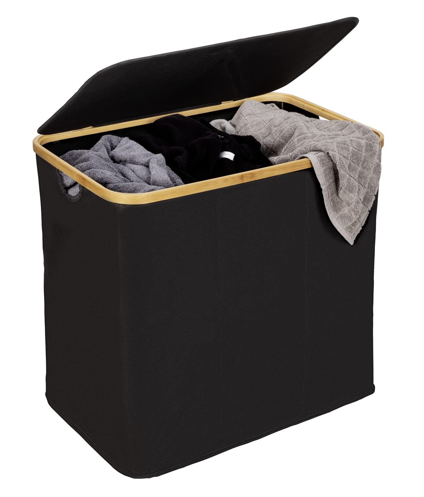 WENKO Wäschetruhe Trio Mod. Ecori, 3 Fächer (je 35 Liter), Rahmen aus FSC®-zertifiziertem Bambus, Wäschesack mit Deckel aus recyceltem Polyester, 57 x 50 x 37 cm, Natur/Schwarz