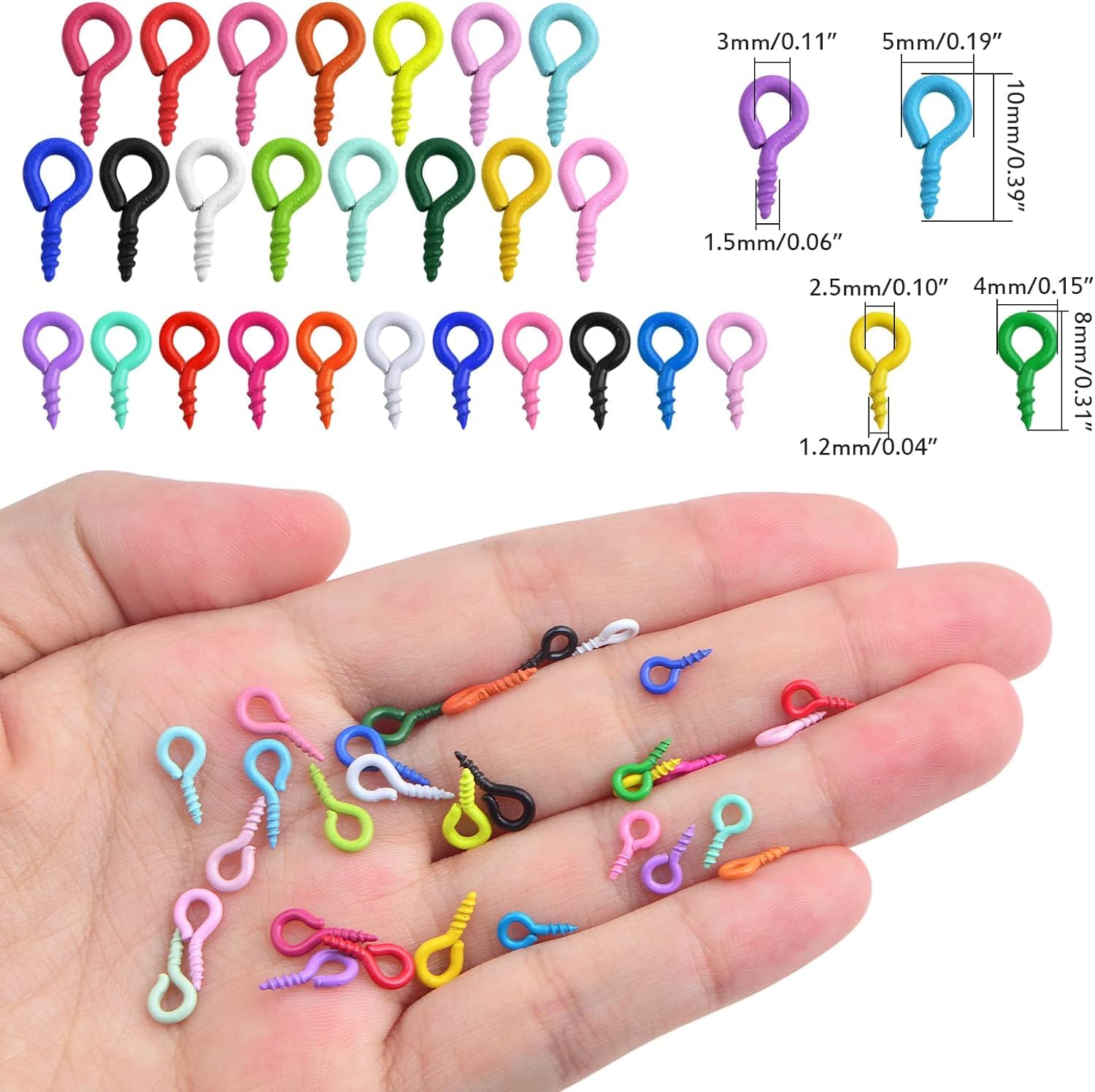 250 occhielli a vite colorati, mini ganci a vite 10 mm per progetti fai da te, creazione di gioielli, portachiavi, golfari in acciaio inossidabile, piccoli ganci da avvitare per l'artigianato