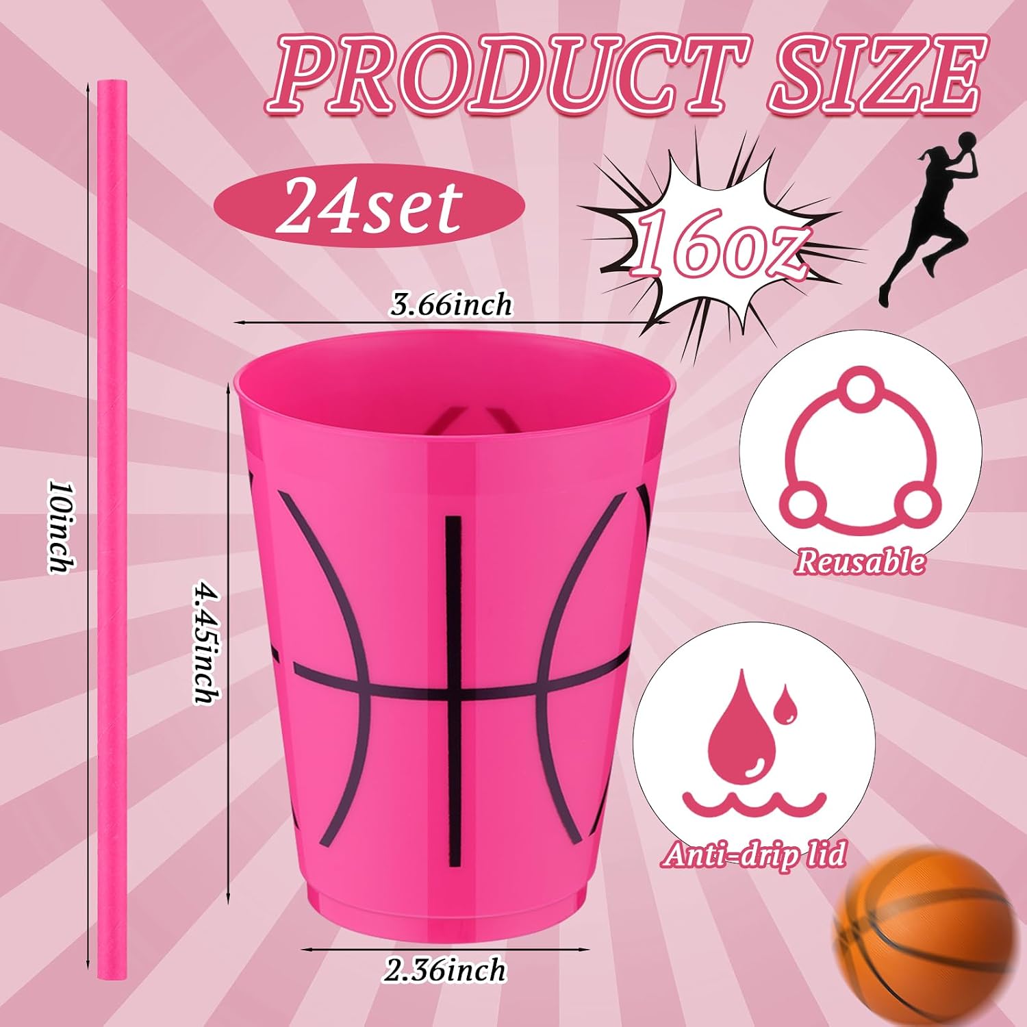 Rtteri 24 Sets Pink Basketball Party Decoration Pink Basketball Cups with Straw 16oz Reusable Plastic Tumbler Ball Sports Theme Party Favors Water Bottle Bulk for Birthday Supplies Dinnerware image 3