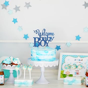 Welcome Baby Boy Cake Topper - Baby Shower Party Decorations - Little Boy First Birthday Cake Decor - Gender Reveal for Boy Party Supplies Blue Glitter