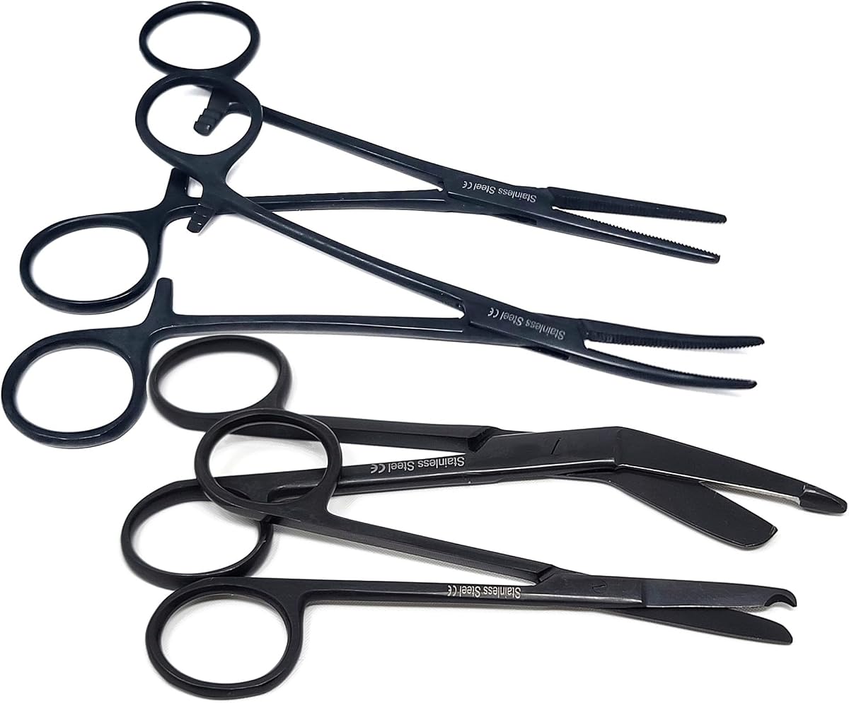 Juego de 4 tijeras para vendajes de 5,5 pulgadas, tijeras para puntadas de 4,5 pulgadas y hemostato de 5,5 pulgadas, rectas y curvadas, hechas de acero inoxidable de primera calidad (negro azabache)