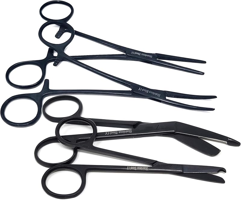 Juego de 4 tijeras para vendajes de 5,5 pulgadas, tijeras para puntadas de 4,5 pulgadas y hemostato de 5,5 pulgadas, rectas y curvadas, hechas de acero inoxidable de primera calidad (negro azabache)