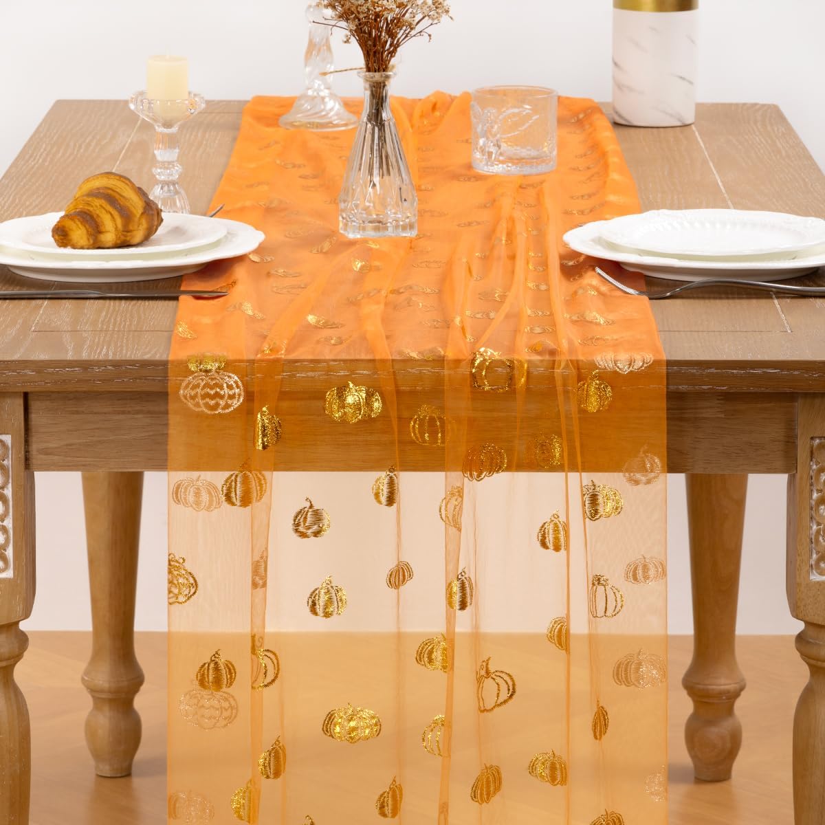 Pumpkin Gold Table Runner for Thanksgiving 3 Pack Sheer Gauze Cheesecloth 120 Inch with Glitter Harvest Feast Decor for Family Gatherings Dining Table Home Celebration - Orange