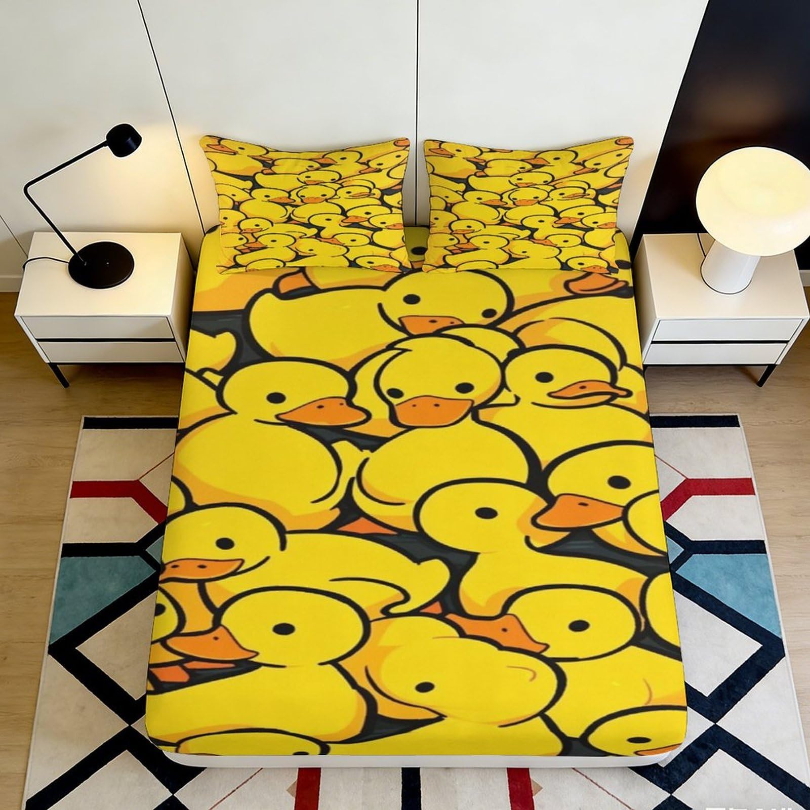 3D Printed Yellow Duck Fitted Sheet Microfiber Soft Slip-Resistant Cartoon Duckling Mattress Cover for Bedroom Dorm Decorative 90x200x25cm