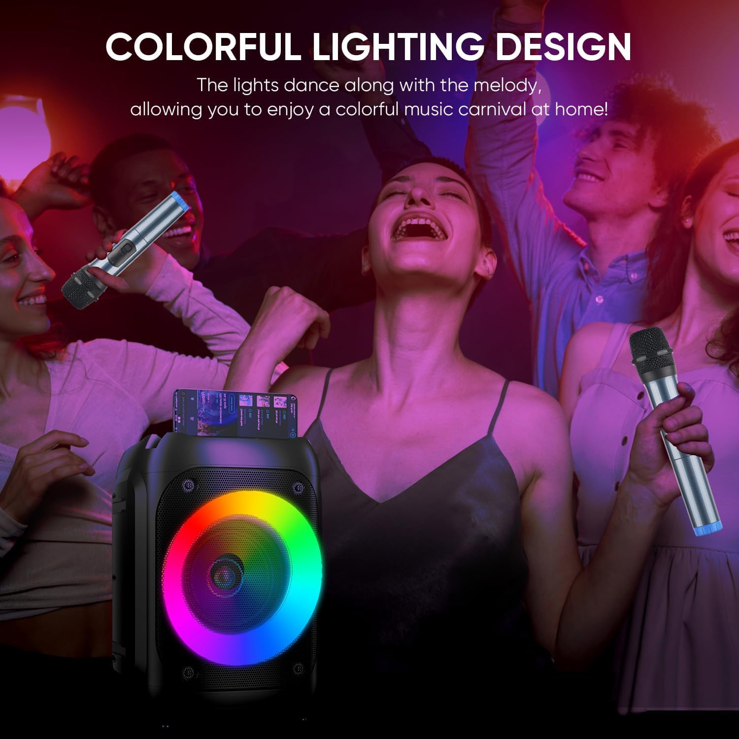 Ankuka Karaoke con 2 Microfoni Karaoke Professionale Completo con 1 Microfono Wireless & 1 Microfono con Cavo Cassa Karaoke Potatile PA Sistema e Luce LED, Supporta Bluetooth/TF/USB/AUX/FM/TWS