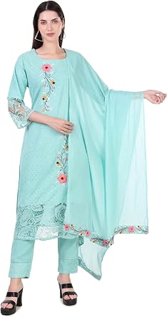 ladyline Womens Cotton Silk Embroidered Salwar Kameez Suit Set with Chiffon Dupatta & Cotton Churidar Pants
