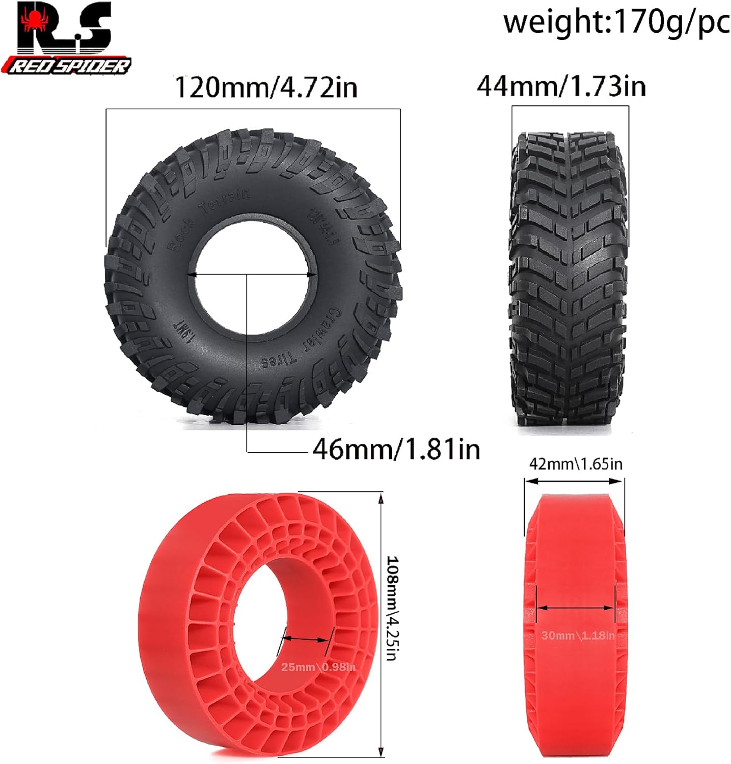 REDSPIDER 1.9 Crawler Tires(4PCS) 1.9 Tires OD 4.72" for 1/10 RC Crawler Car TRX4 TRX6 Axial SCX10 90046 SCX10 III AXI03007 Tamiya CC01 D90 D110