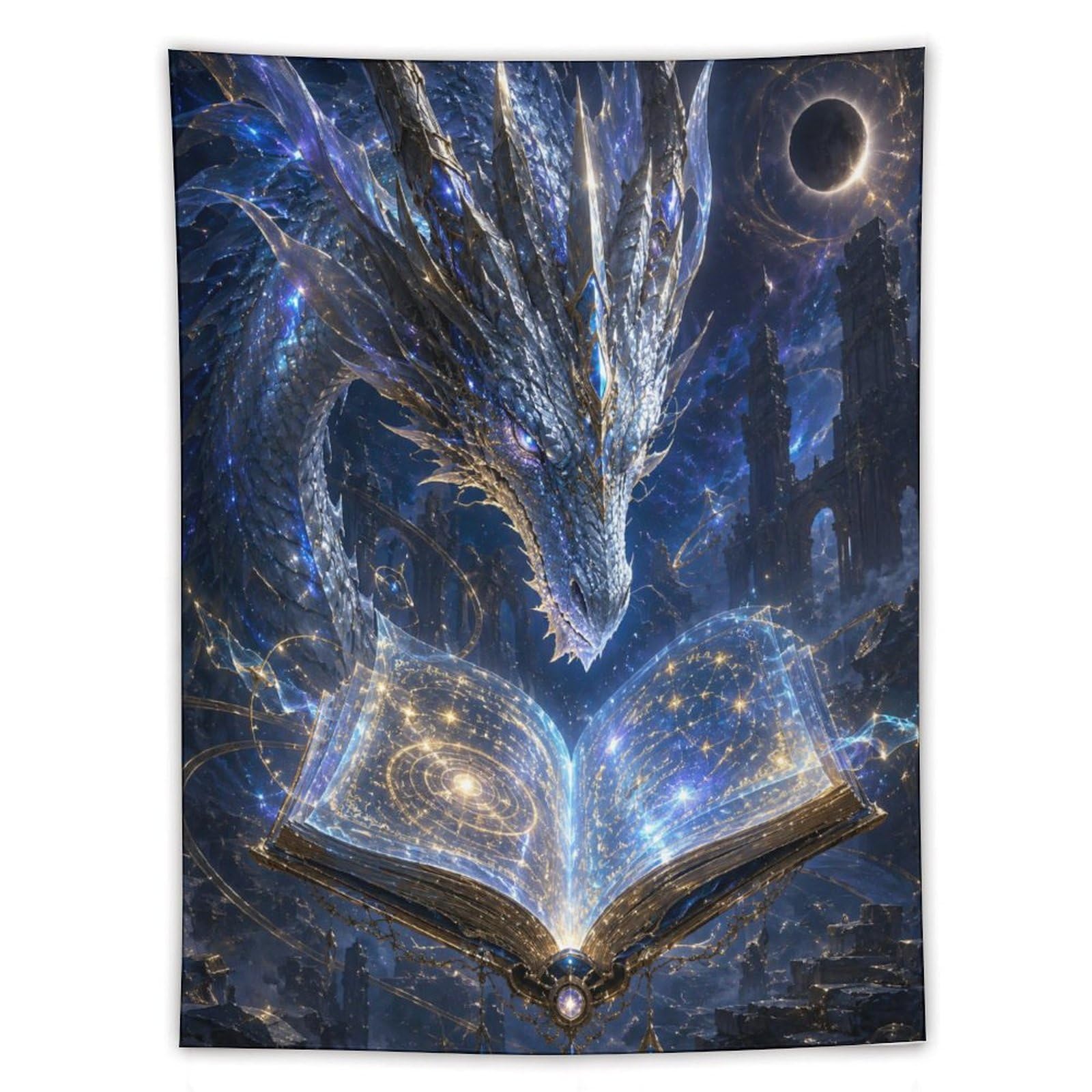 W7C8U2X3 Cosmic Dragon Magic Book Wall Tapestry, Fantasy Illustration