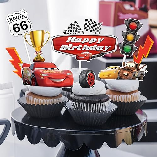 Miniatura 4 de 10 piezas de decoración de pasteles de autos de carreras, decoración de pasteles de autos de carreras, bandera a cuadros, decoración de pasteles con