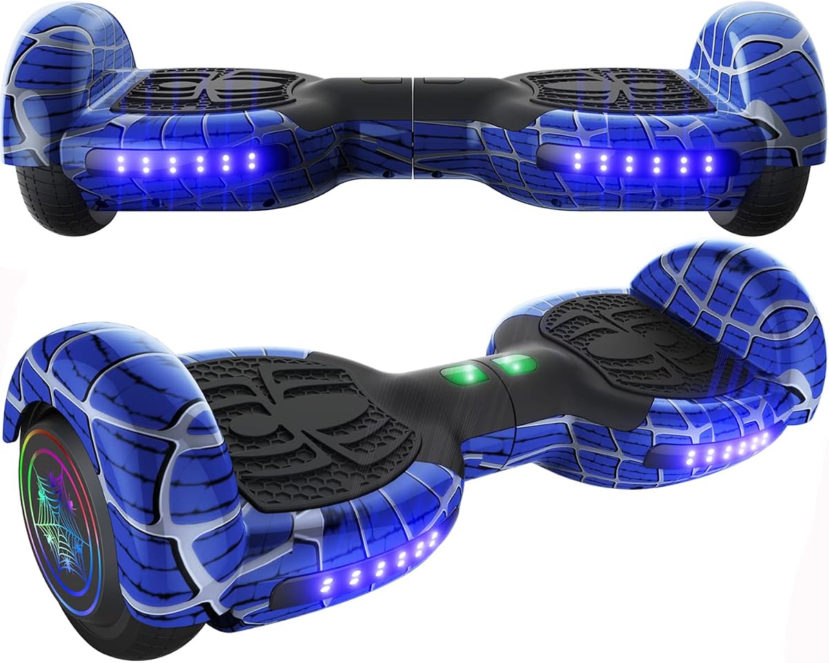 Spider-Pattern Hover Board, with Bluetooth Speaker & LED Lights | for Kids ages 6-12 and Adults, Non-Slip Footpads, UL2272 Safety Certified, (Blue)