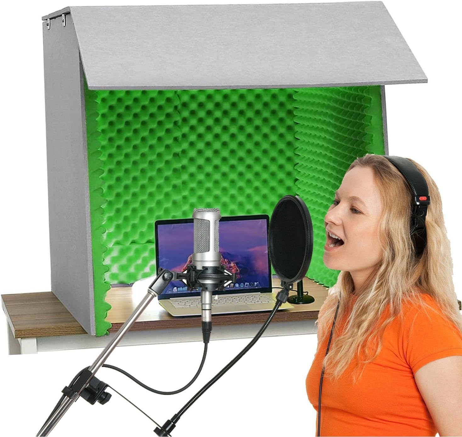 Couverture insonorisée de bureau, cabine d'isolation acoustique, cabine d'enregistrement portable for filtrer la voix, équipement d'enregistrement de microphone, for bureau à domicile et studio(Green-