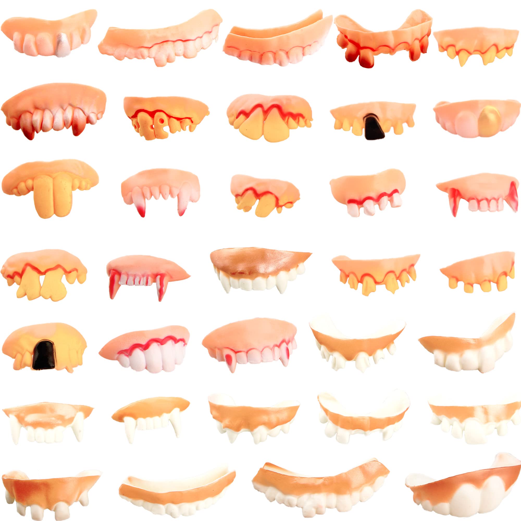 Rcanedny 34 Pieces Halloween Fake Teeth Gnarly Teeth Set Vampire Bob Denture Teeth for Halloween Costume Party Favors Joke Trick Toys