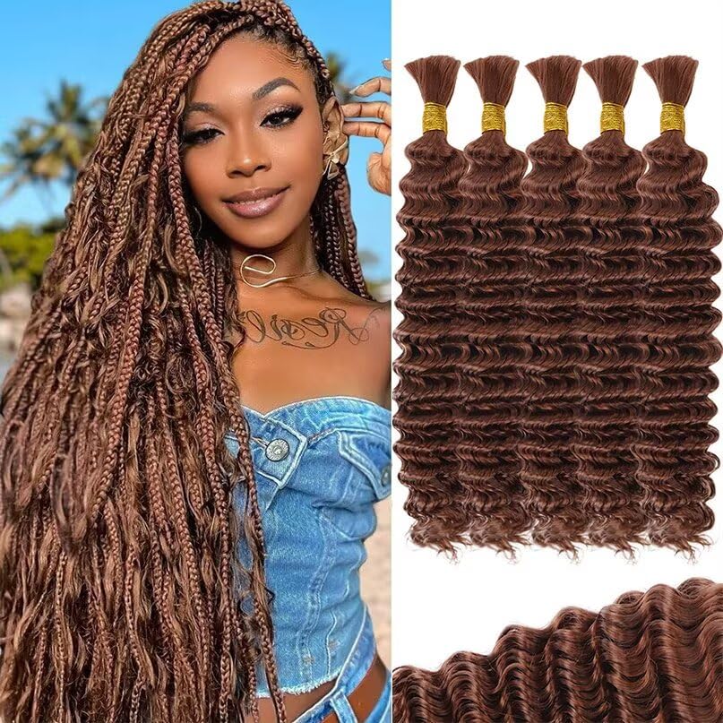 12A #30 Auburn Brown Human Braiding Hair for Boho Braids 5 Bundles 18 Inch 160g Deep Wave Braiding Hair for Bohemian Knotless Braids 100% Unprocessed Virgin Bulk Hair Extensions No Weft