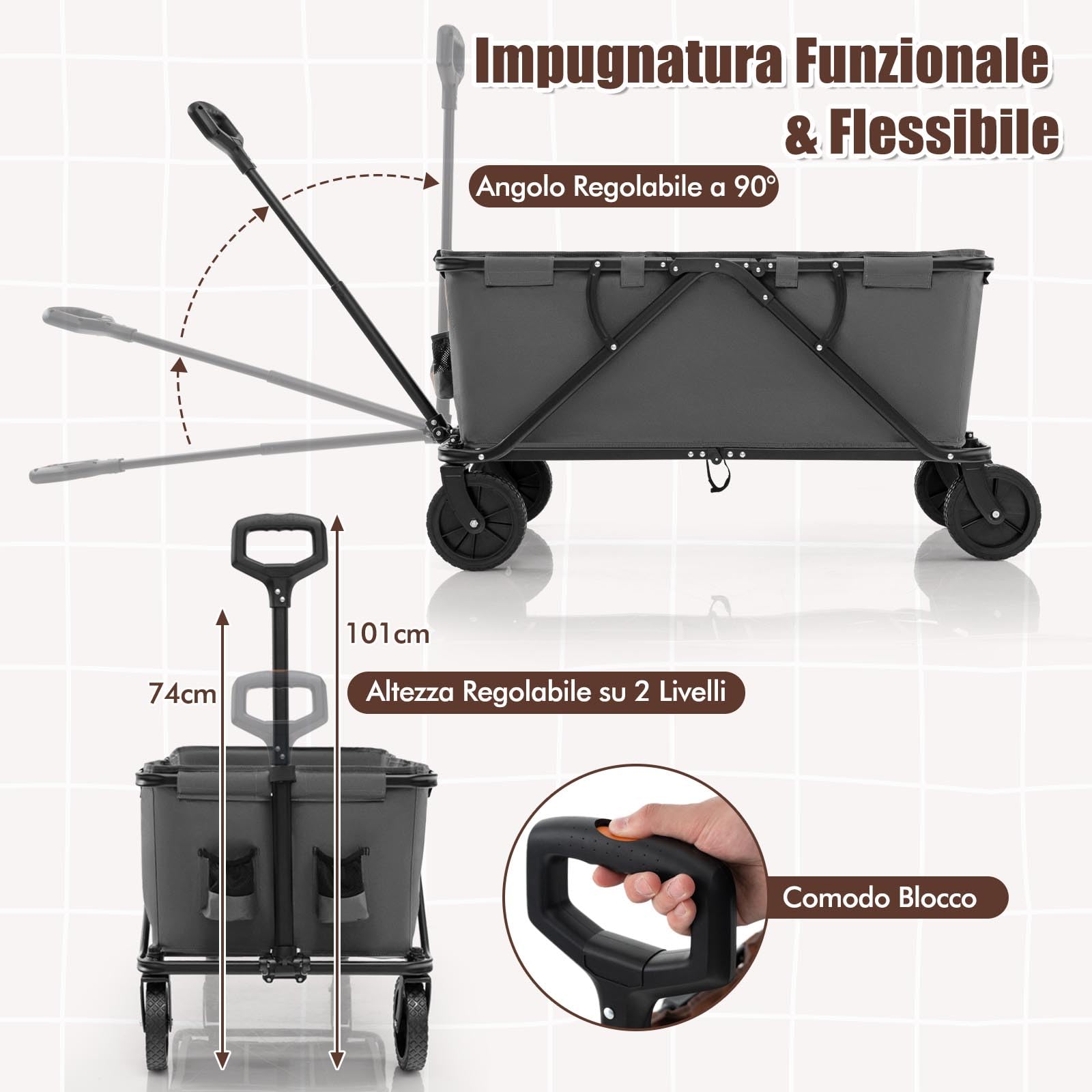 COSTWAY Carrello da Spiaggia Pieghevole 170 L, Carrello con Ruote Portatutto con Maniglia Regolabile e 360° Ruote, Portabottiglie e Tasca Portaoggetti, Carretto Giardino per Campeggio (Grigio)