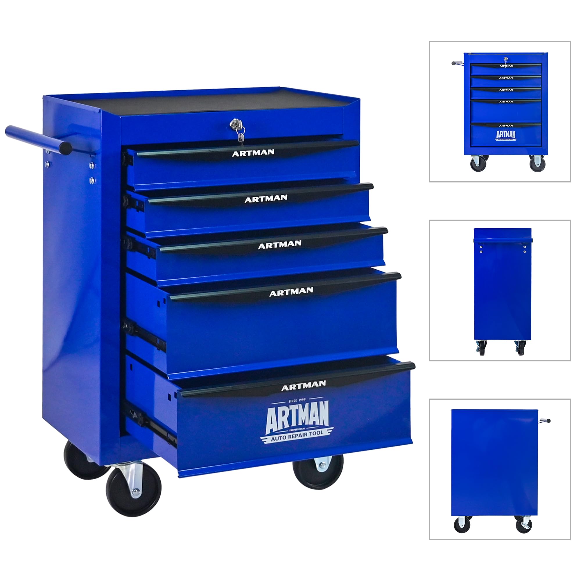 Generisch Robusto carrello portautensili con 5 cassetti con cuscinetti a sfera e 4 ruote girevoli, in acciaio, per garage e officina, colore nero/blu