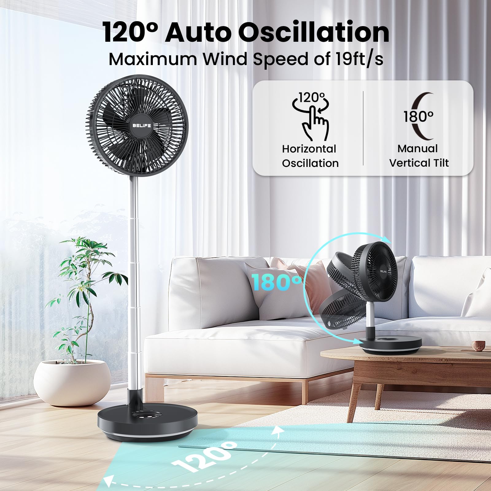 Belife X10 Ventilatore portatile, senza fili, a batteria, 7200 mAh, ventilatore oscillante ricaricabile, telecomando e pieghevole telescopico ventilatore da campeggio (nero)