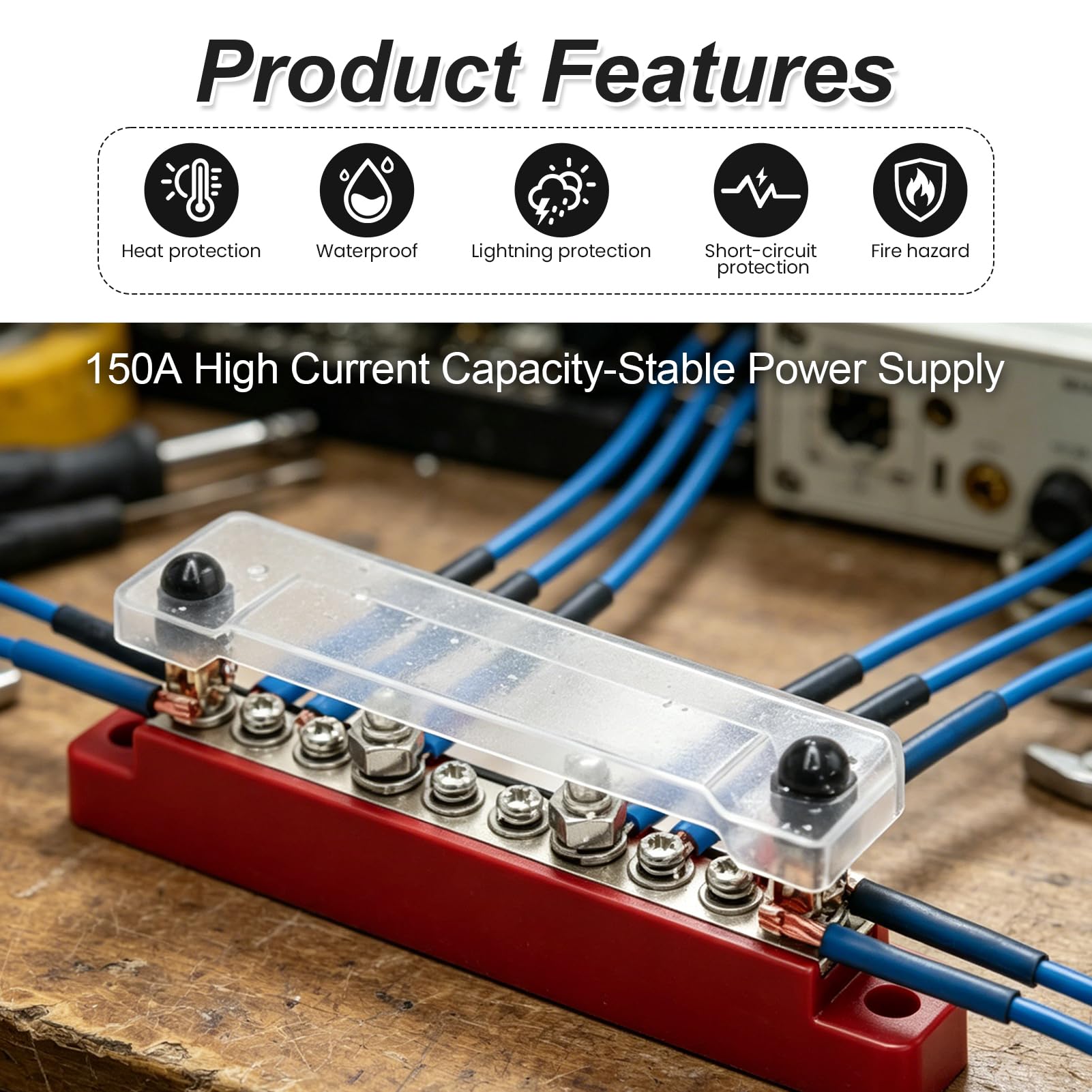 Bloque de Distribución de Energía 12V-48V CC 150A, 2 Piezas Barra Colectora con 4 Pernos M6 y 6 Tornillos M4, Caja de Conexiones con Cubierta para Coche, Barco, Autocaravana y Sistema Solar
