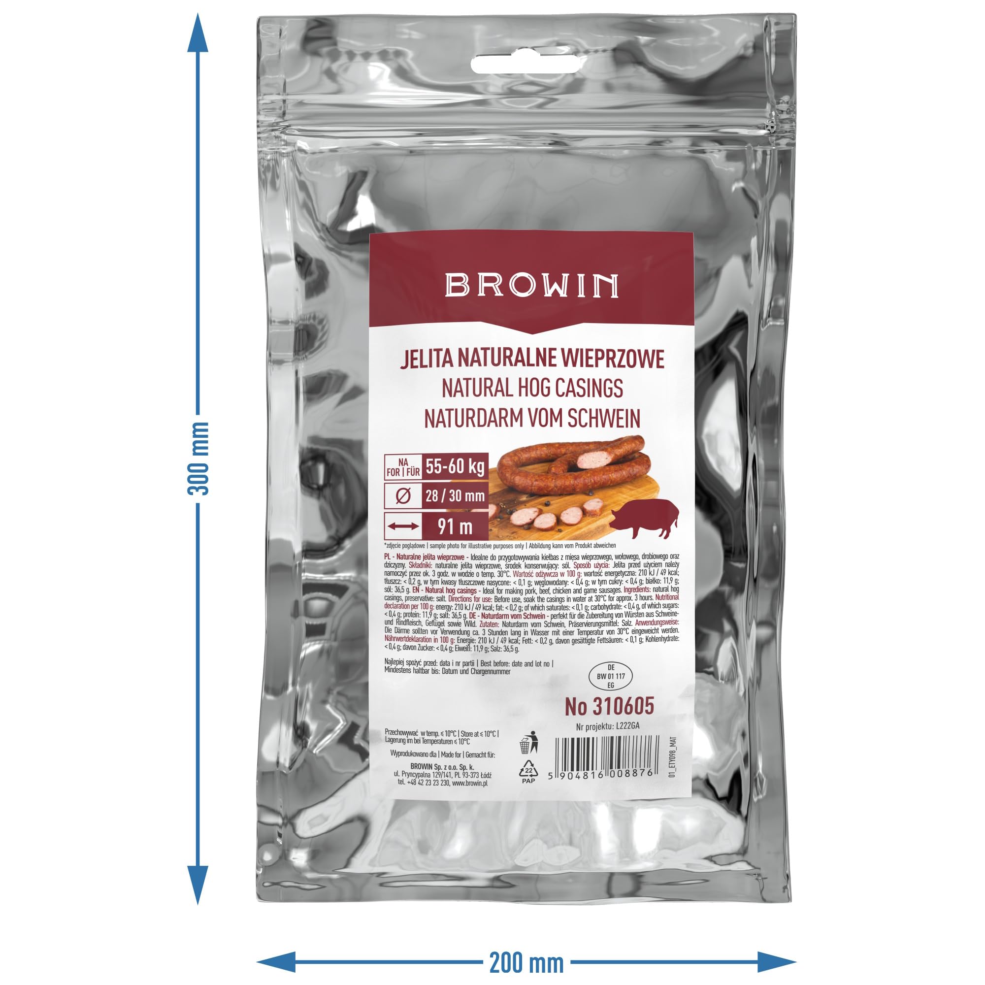 BROWIN® Schweinedarm 310605 | Premium Naturdarm für hausgemachte Würstchen, Wacholderwurst, Weißwurst, Bratwurst | Kaliber 28/30, 91 Meter | 55 bis 60 kg Fleisch