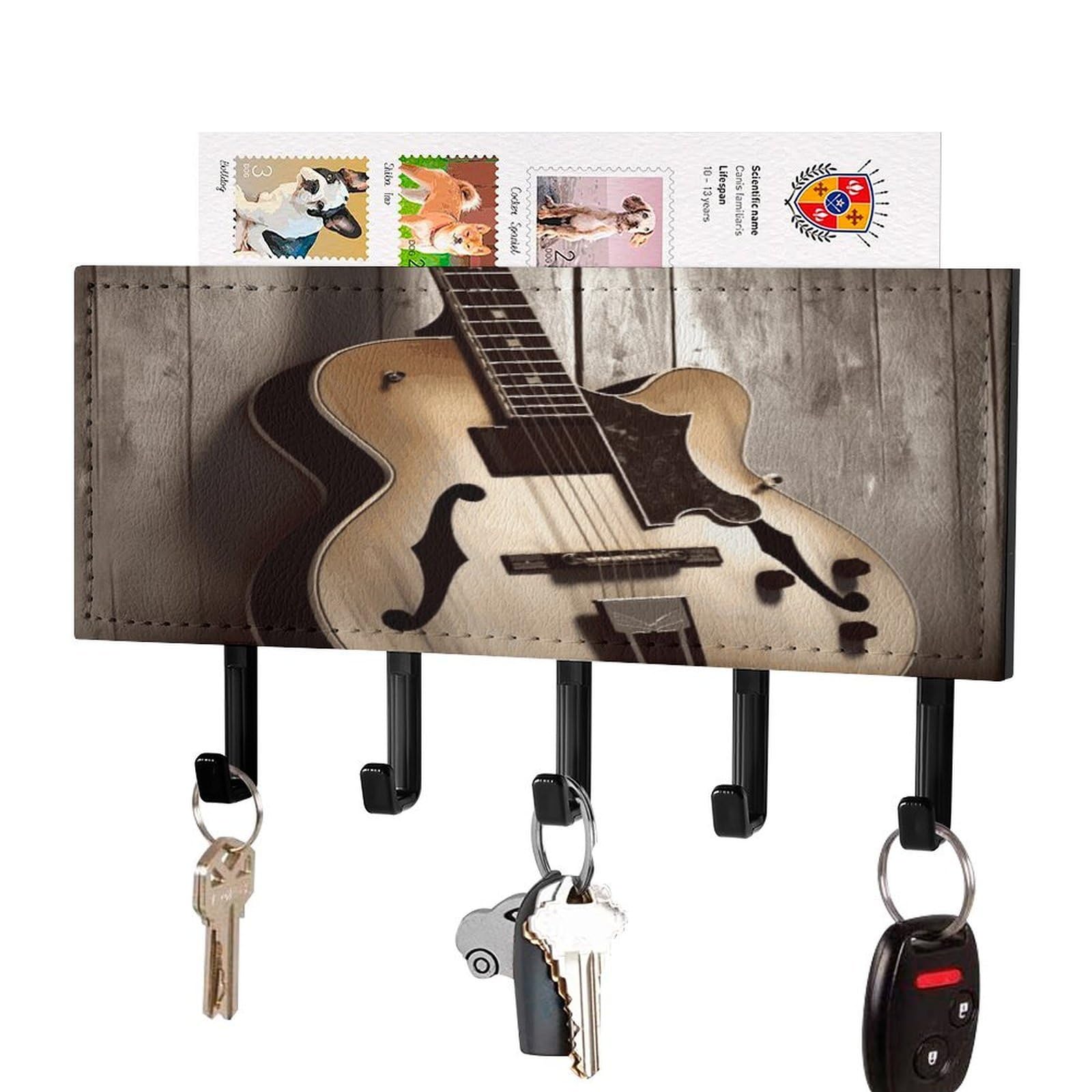 Fekiloot Black-Style Guitar Pictures Key Holder Wall Mount Key Hanger With 5 Hooks Decorative Key Rack Hanging Key Hooks With Mail Organizer Key Holder For Wall Living Room Kitchen Bathroom Hallway Black