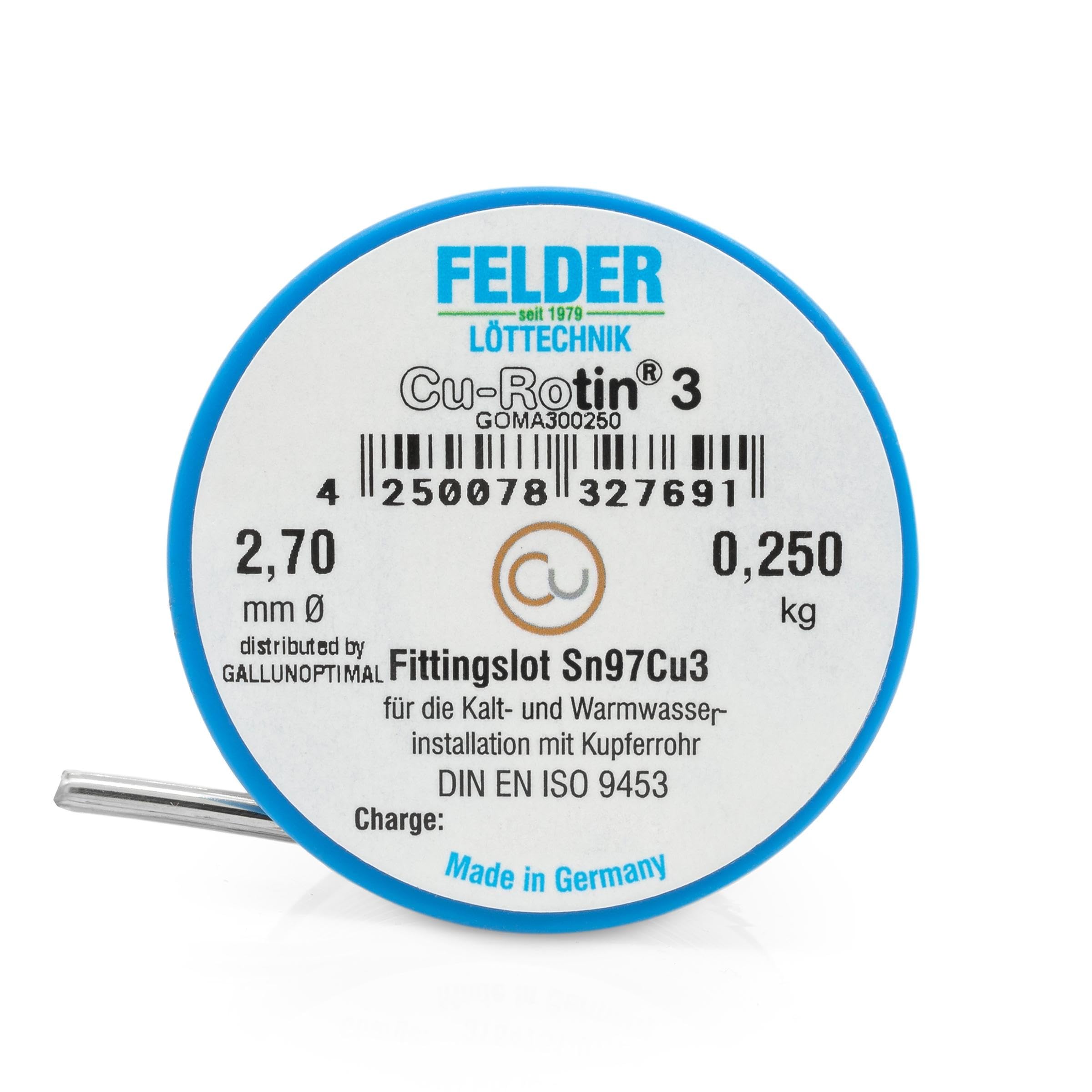 by FELDER Fittingslot Cu-Rotin 3 | Ø 2,7 mm | zum Weichlöten von Kupferrohren in der Trinkwasser- und Heizungsinstallation | Sn97Cu3 | Schmelzbereich 230-250°C | 250 g Spule